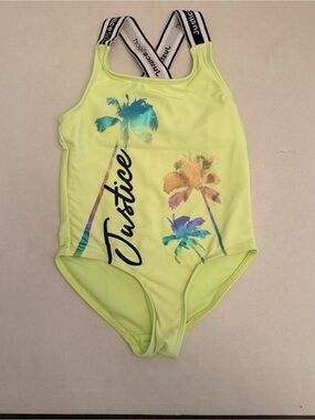 Justice Neon Yellow One-Piece Swimsuit with Multicolor Palm Print